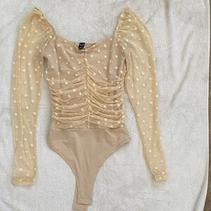 Paid $89 Sheer Polka Dot Ruched Long Sleeve Bodysuit - Cream